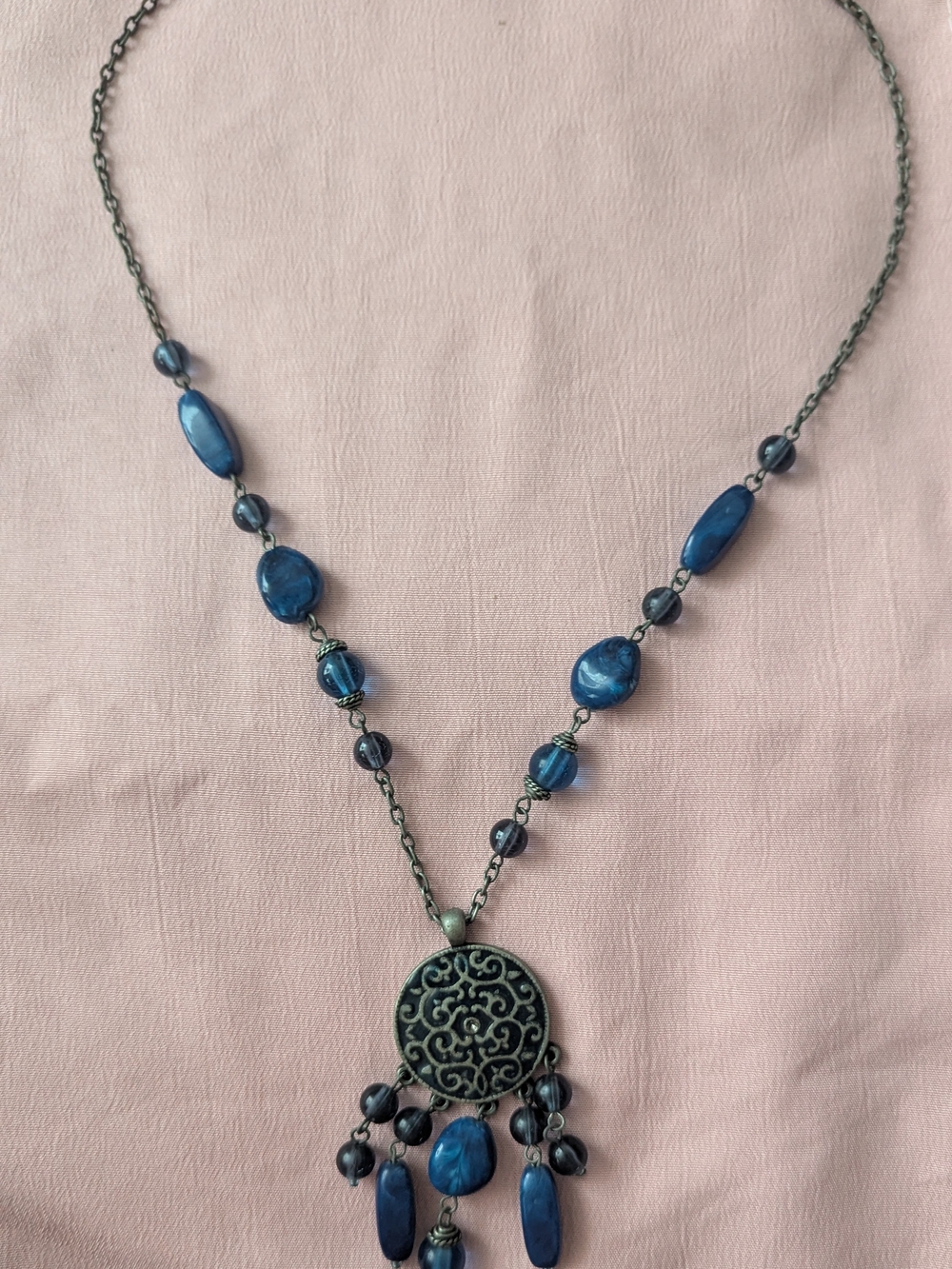 Blue Beaded Filigree Pendant Necklace - Women Jewelry